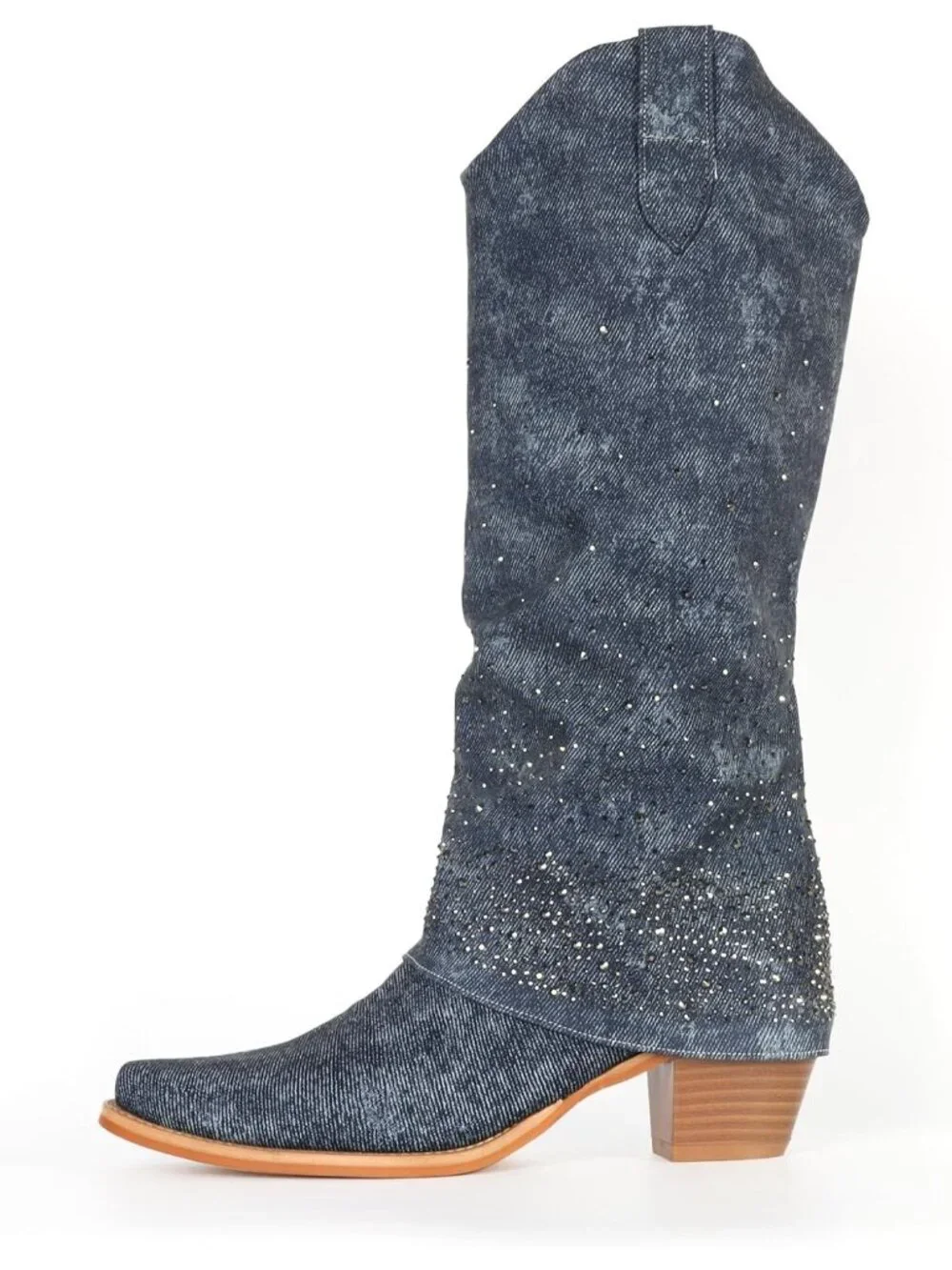Women's Dark Blue Rhinestones Fold Over Wide Calf Fashion Western Knee High Boot